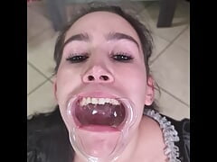 French sheila tries to swallow her answer piss through lip retractor