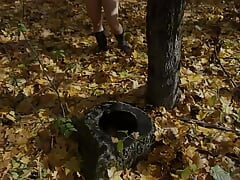 In Autumn, Naked Spread out Found an Pulling Post to Pee