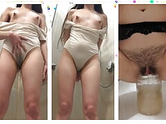 Russian Lady: Put your mouth up, I'm going to go stale in it for you! Peeing through dirty panties. in stockings in a jar