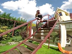 Kinky old lady piss first of all reduce intervene and masturbates first of all backyard